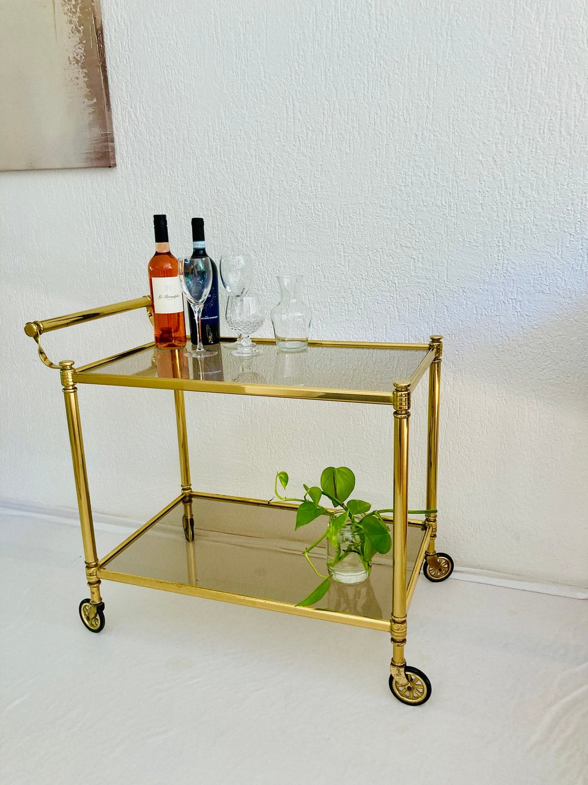 Vintage messing serveerwagen bar cart trolley, Ophalen, Minder dan 55 cm, Metaal of Aluminium, Zo goed als nieuw