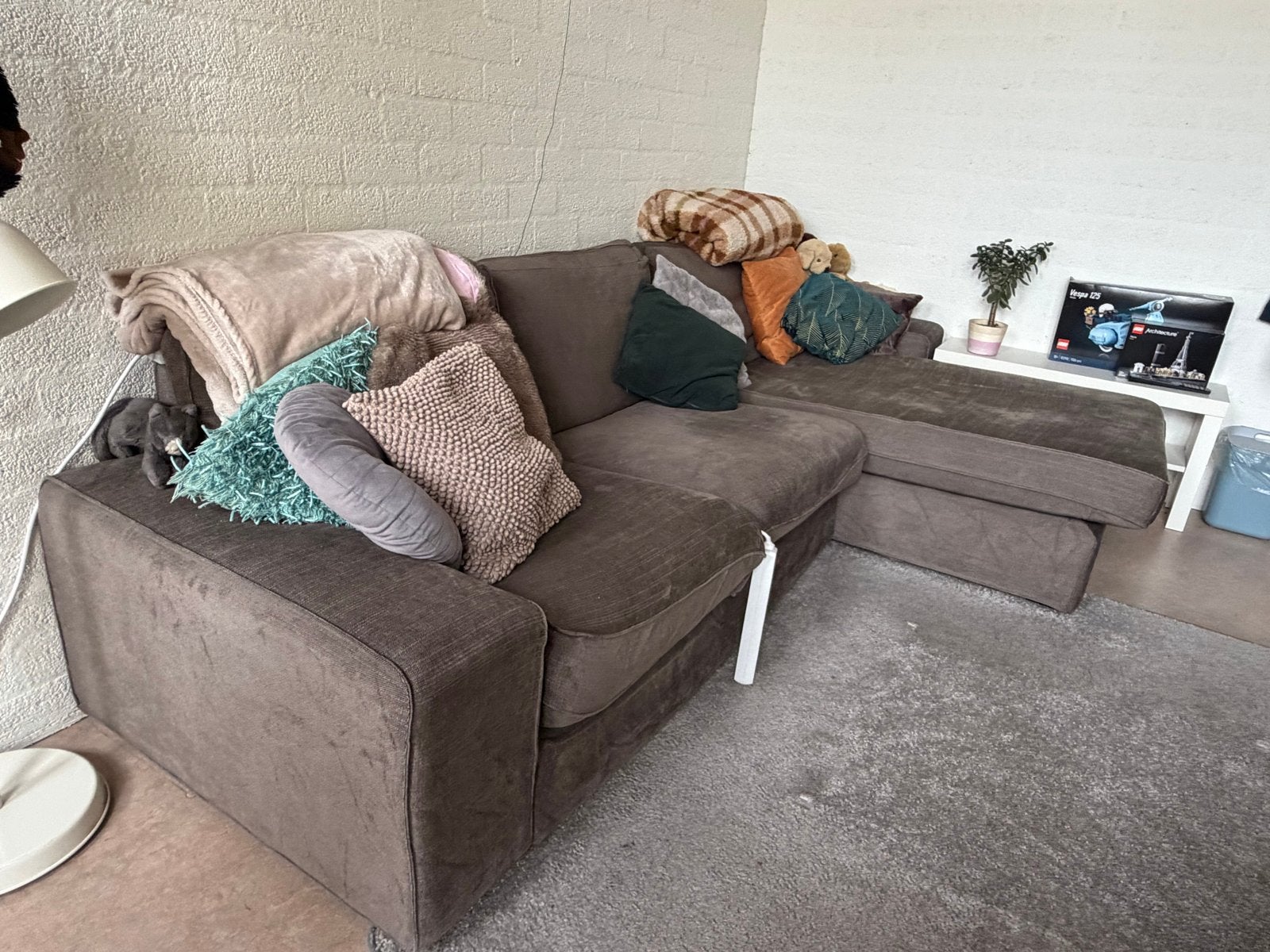 Comfortabele bruine hoekbank met chaise longue, Ophalen, 250 tot 300 cm, Gebruikt, Hoekbank