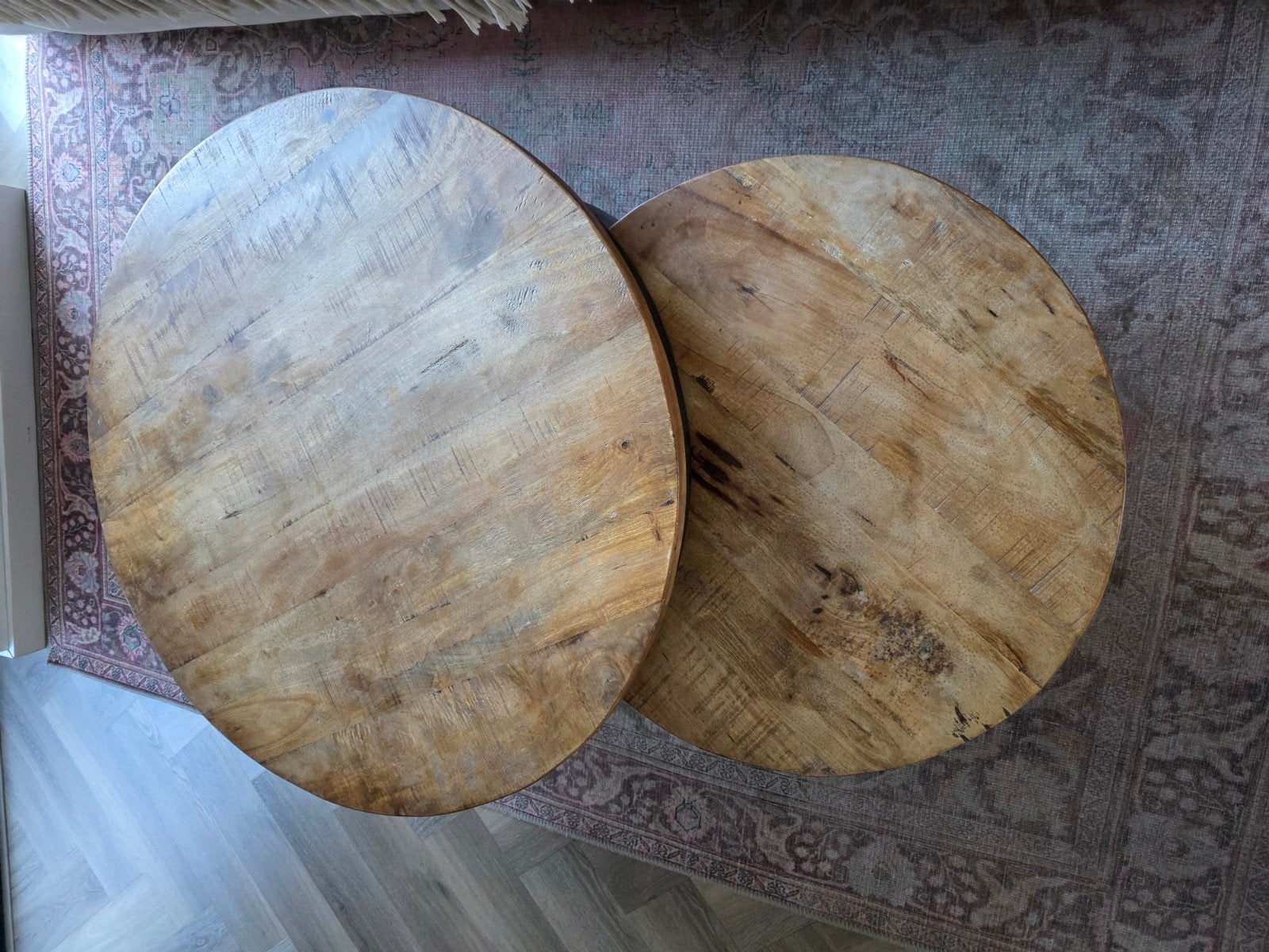 Set van 2 ronde salontafels van mangohout, Huis en Inrichting, Gebruikt, 50 tot 100 cm, Rond, 50 tot 100 cm