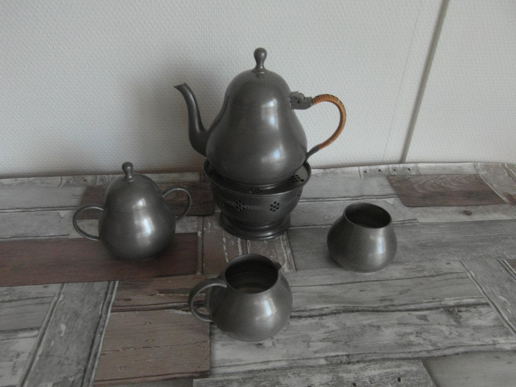 Antiek tinnen theeservies - 4-delig, Antiek en Kunst, Ophalen of Verzenden