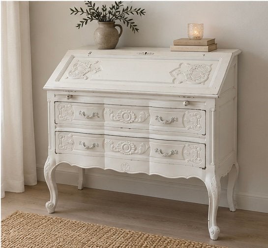 Prachtig brocante bureau.secretaire. barok rococo wit, Ophalen, Zo goed als nieuw