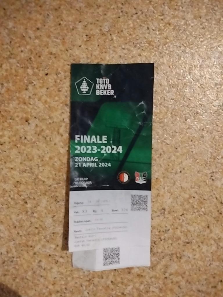 Ticket bekerfinale Feyenoord - NEC, Maat XL, Ophalen of Verzenden, Gebruikt, Shirt