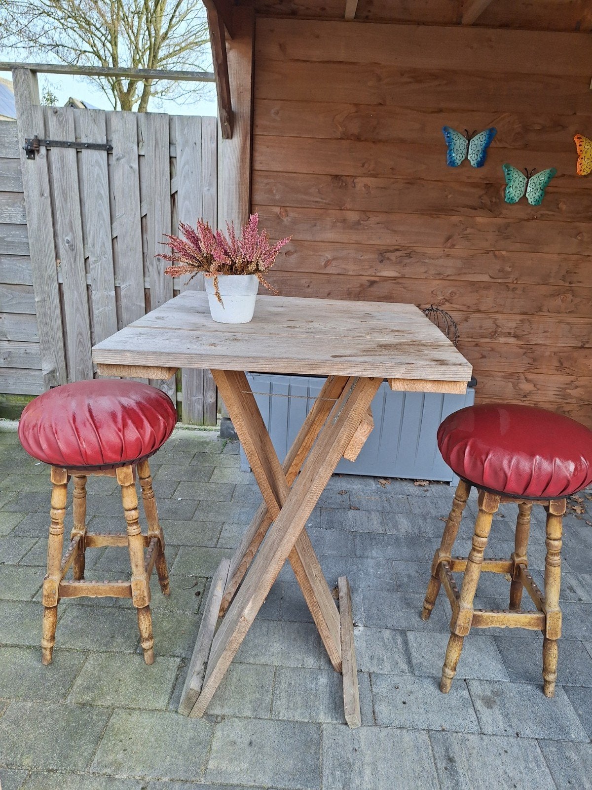 Leuke statafel met 2 barkrukken (eventueel 4), Ophalen, Gebruikt, Leer, 90 cm of meer