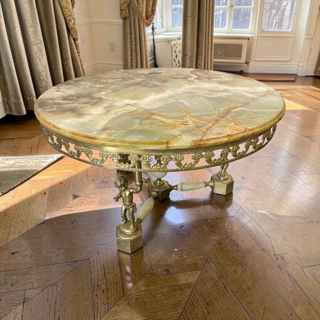 Vintage onyx coffee table / salontafel met messsing frame, Antiek en Kunst, Ophalen