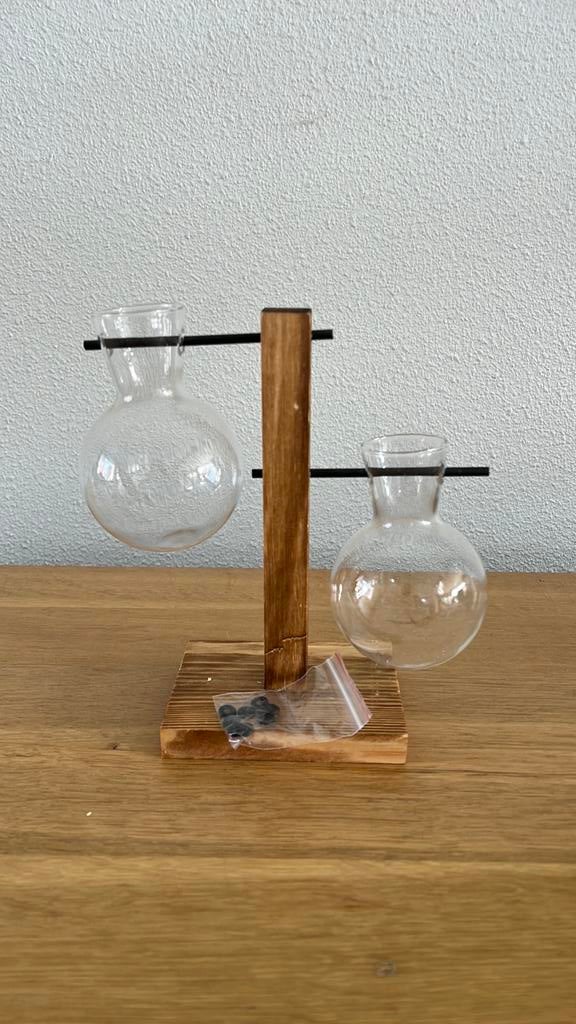 Houten stekstation met 2 glazen vaasjes, Huis en Inrichting, Woonaccessoires | Vazen, Overige kleuren, Nieuw, Ophalen of Verzenden