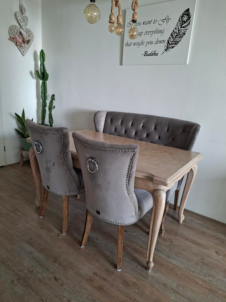 Dubbelman design eettafelbank en stoelen, Ophalen, Zo goed als nieuw, Rechthoekig, 200 cm of meer