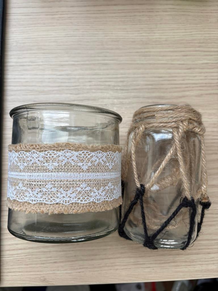 Decoratieve glazen potten met touw en kant, Ophalen of Verzenden, Zo goed als nieuw
