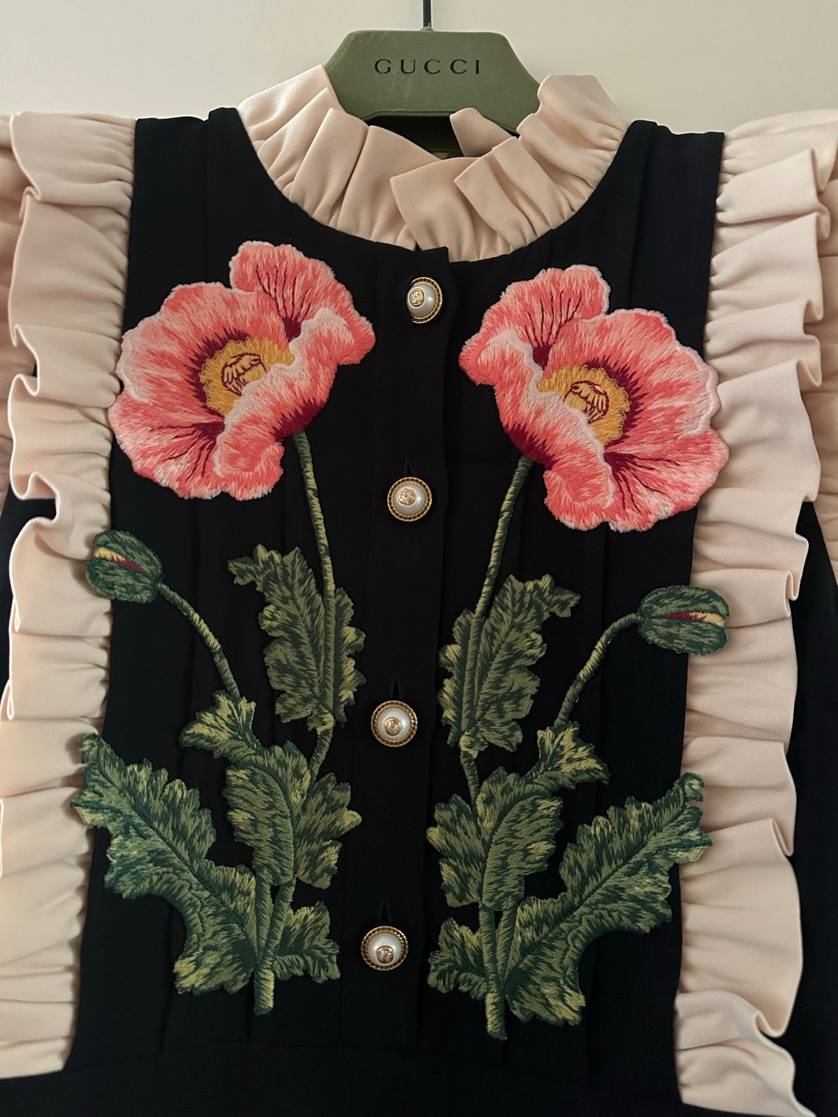 Gucci jurk met bloemenborduursel en ruches, Kleding | Dames, Zwart, Ophalen of Verzenden, Zo goed als nieuw, Maat 36 (S)