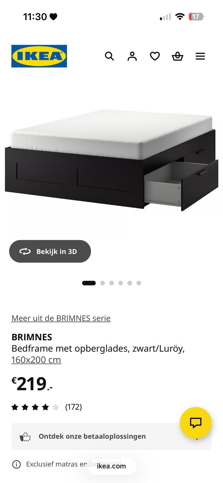 Ikea Brimnes, zwart, 160x200, Ophalen, Gebruikt, Zwart, Tweepersoons