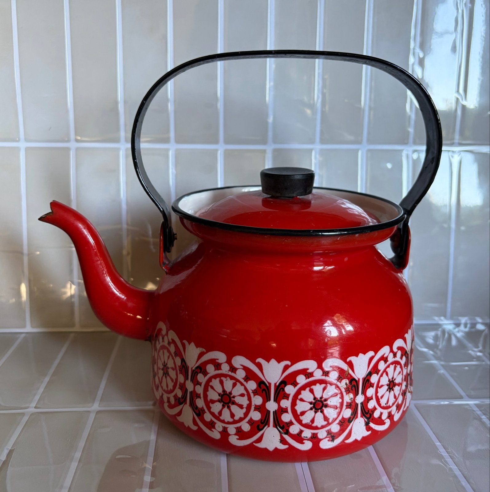 Vintage Finel Finland geëmailleerde waterketel, rood, Ophalen of Verzenden