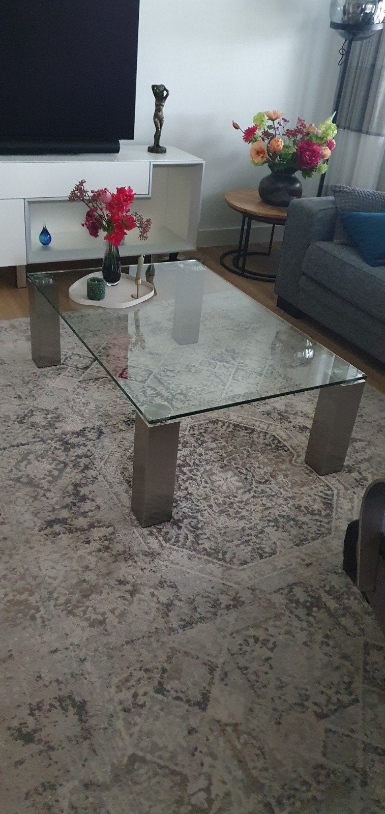 glazen tafel met roestvrijstalen poten, Ophalen, 100 tot 150 cm, 50 tot 100 cm, Glas