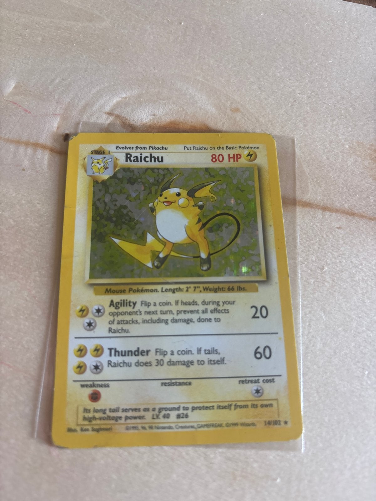 Raichu 14/102 Holo Rare - Base Set Pokémon Kaart, Ophalen of Verzenden, Gebruikt, Losse kaart, Foil