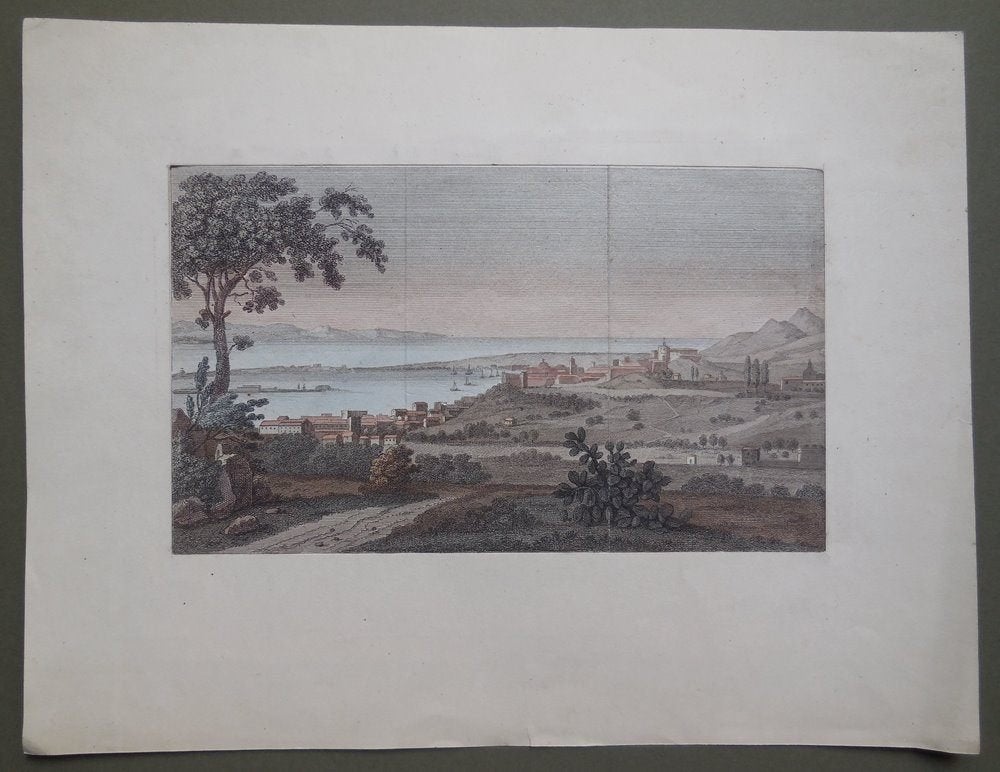 Messina Italië mooie antieke ets/gravure in kleur D. Berger, Verzenden, Landschap, Gravure, Handgekleurd