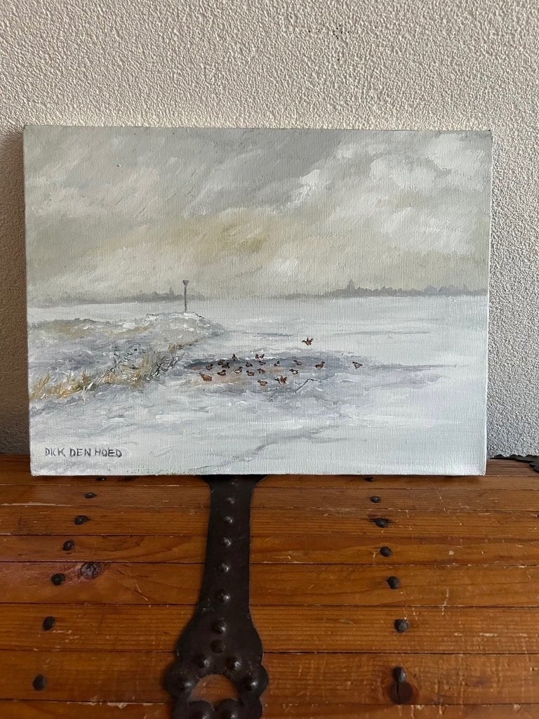Olieverfschilderij Dick den Hoed – Wak met eenden, Doek, Ophalen of Verzenden, Gesigneerd, Landschap