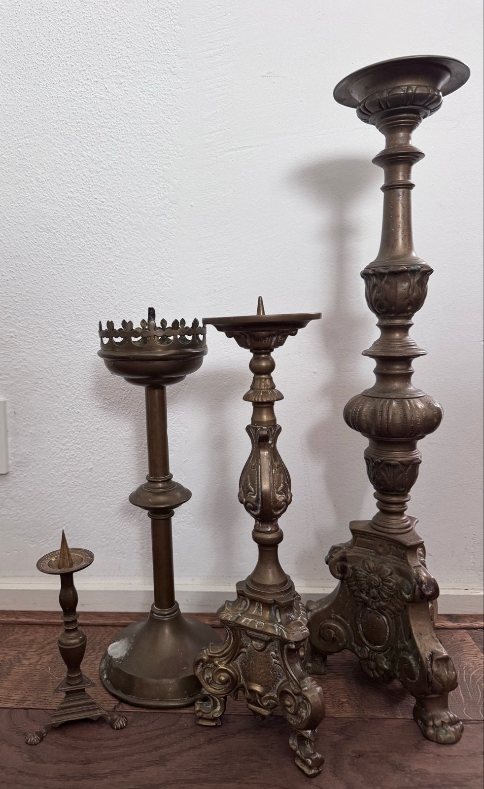 4 stuks antieke koperen kandelaars, Antiek en Kunst, Ophalen, Koper of Brons