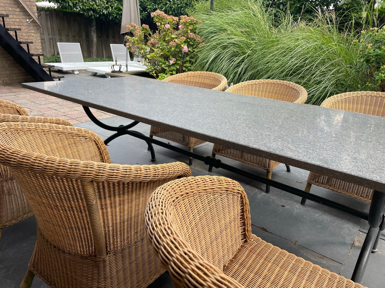 Tuinset met granieten tafel en 6 rotan stoelen, Tuin en Terras, Ophalen, Gebruikt, Eettafel, Rotan