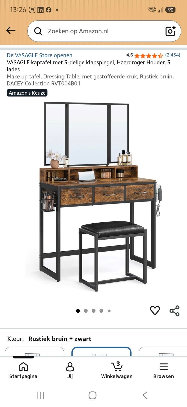 VASAGLE Kaptafel met 3-delige Klapspiegel en Kruk, Ophalen, 100 tot 150 cm, 100 tot 150 cm, Nieuw