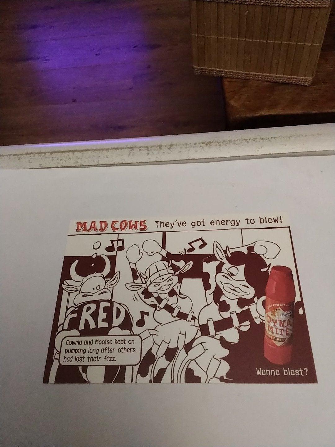 Vintage Primo Dynamite 'Mad Cows' reclame ansichtkaart, Ophalen of Verzenden