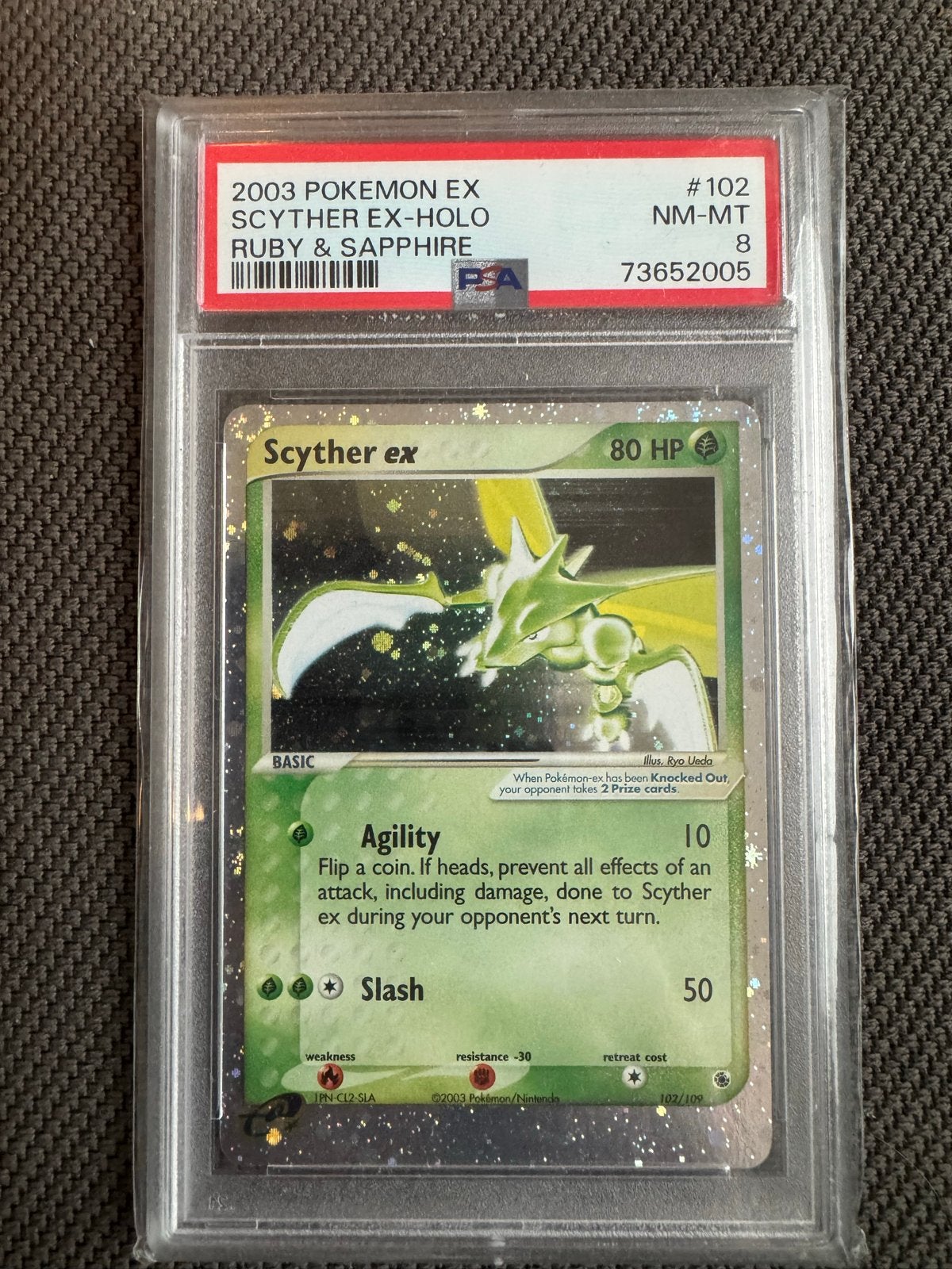2003 Pokemon EX Scyther EX-Holo Ruby & Sapphire PSA 8, Ophalen of Verzenden, Zo goed als nieuw, Losse kaart, Foil