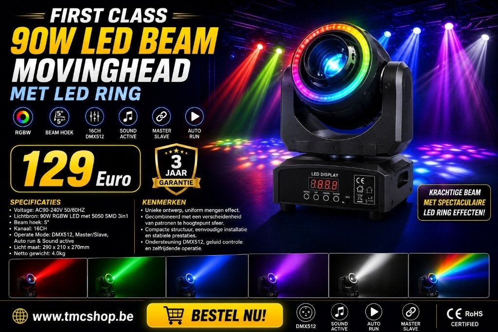 Nieuwe First Class 90W LED BEAM MOVINGHEAD MET LED RING, Ophalen of Verzenden, Nieuw, Licht, Geluidgestuurd