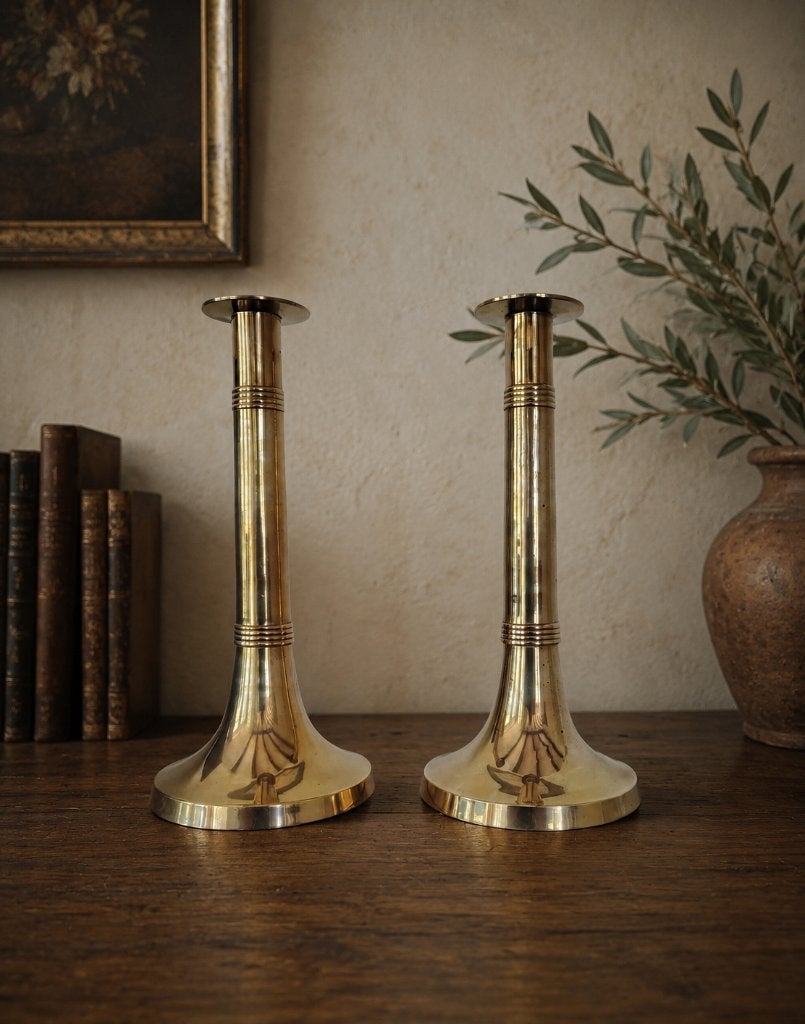 Set van 2 messing kandelaars, art deco, Overige materialen, Overige merken, Ophalen of Verzenden, Zo goed als nieuw