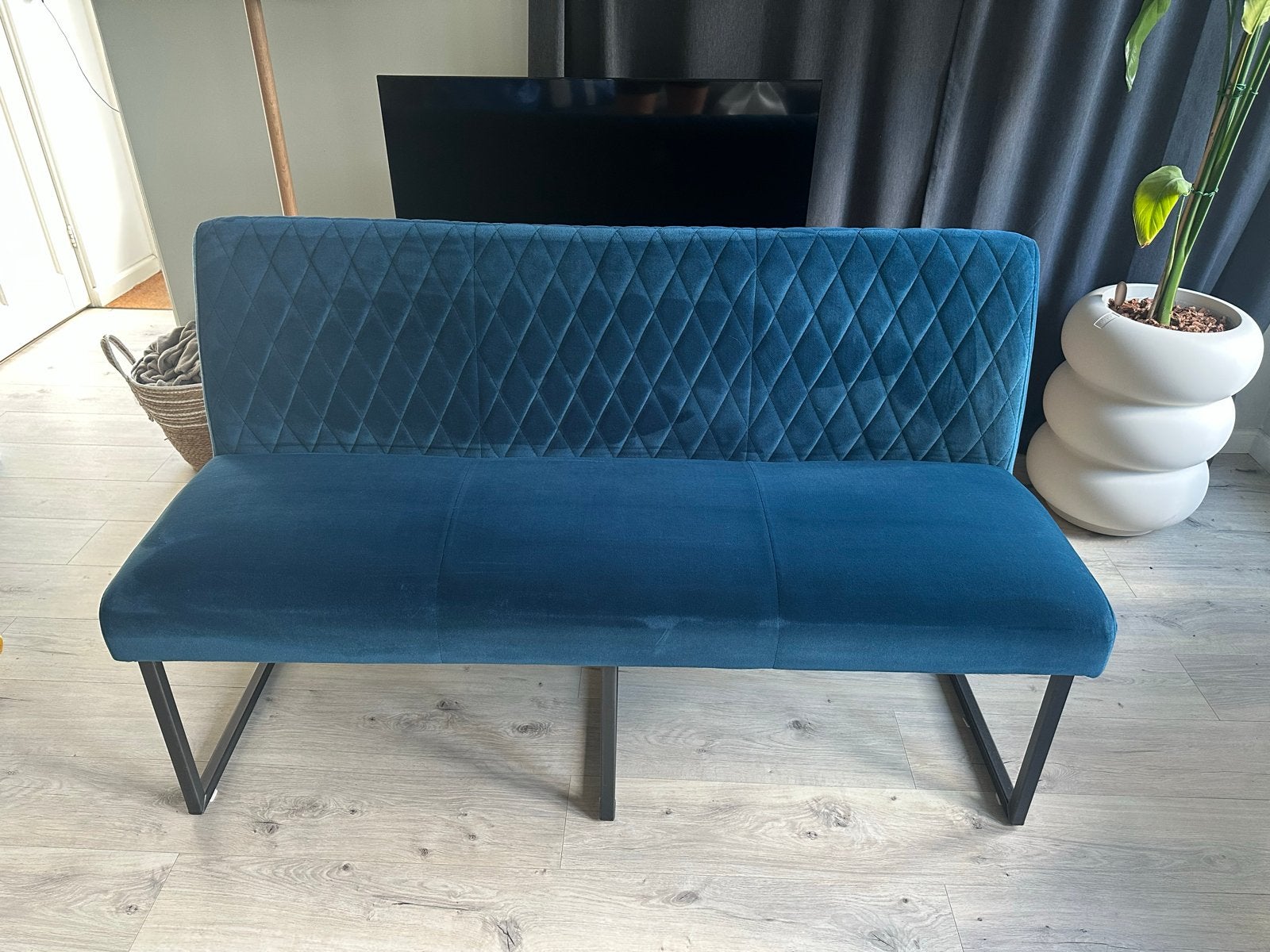 Eettafel bank 150cm breed - Blauw fluweel, Blauw, Ophalen of Verzenden, Zo goed als nieuw, Eén