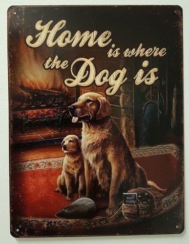 Home is where the dog is hond reclamebord van metaal deco, Info@deconoord.nl, Deco Noord, Nieuw, Ophalen of Verzenden