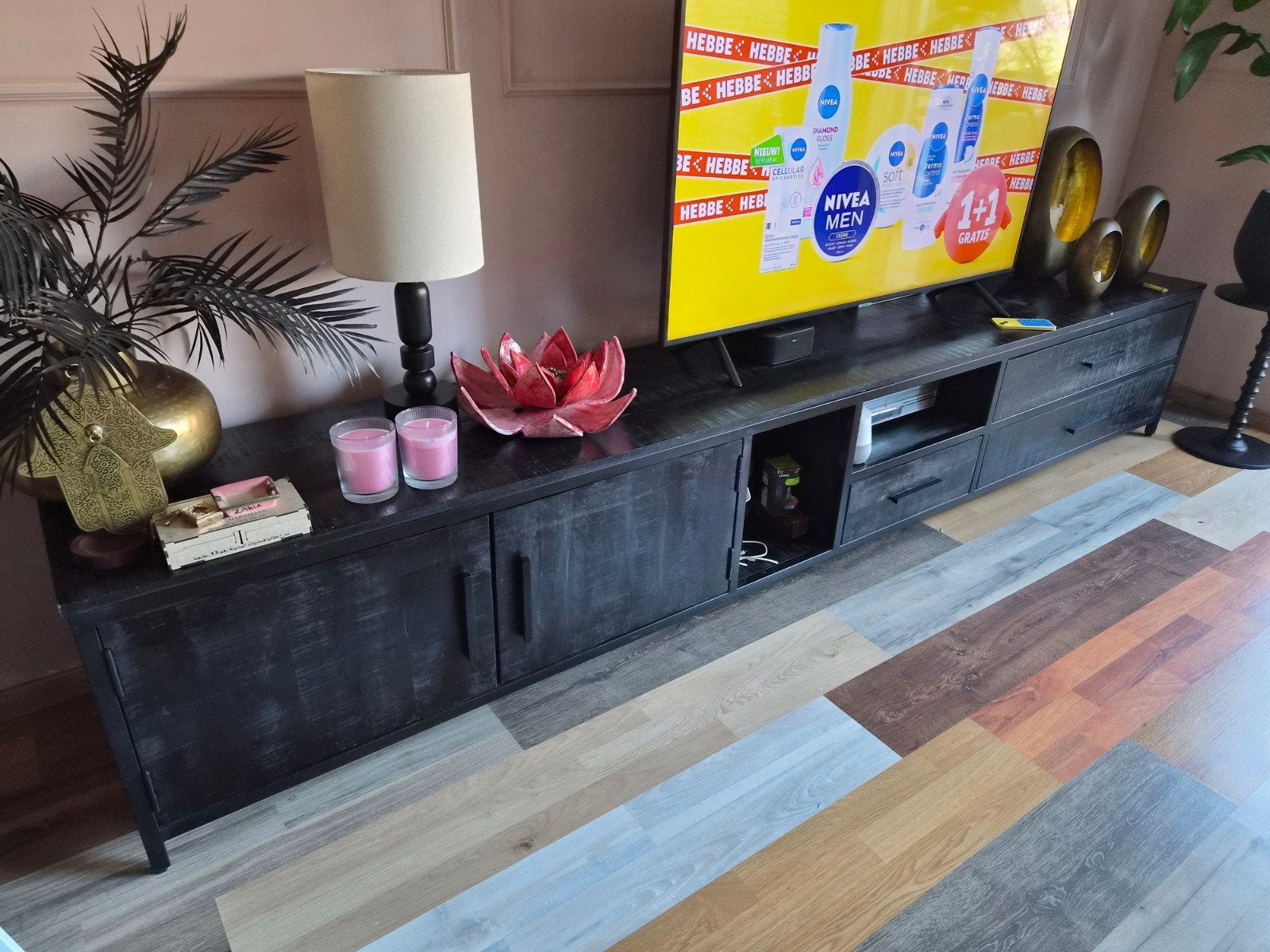 Mahoniehouten Dressoir - Zwart Whitewash - 3 Meter Lang, Huis en Inrichting, Kasten | Televisiemeubels, Ophalen, Gebruikt, 200 cm of meer