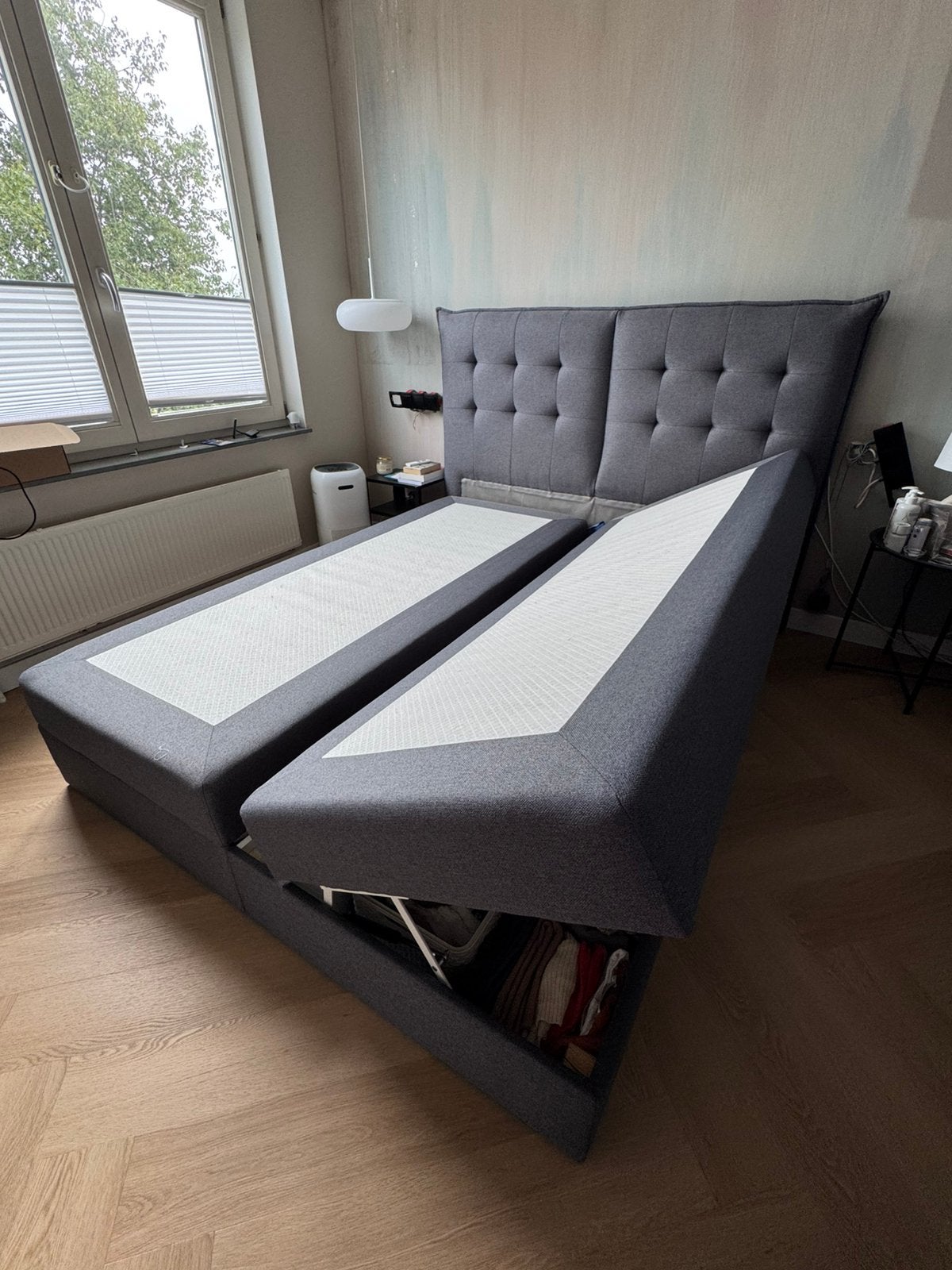 Tweepersoons boxspring met opbergruimte zonder matras- Grijs, Huis en Inrichting, Ophalen, Gebruikt, Tweepersoons, 200 cm