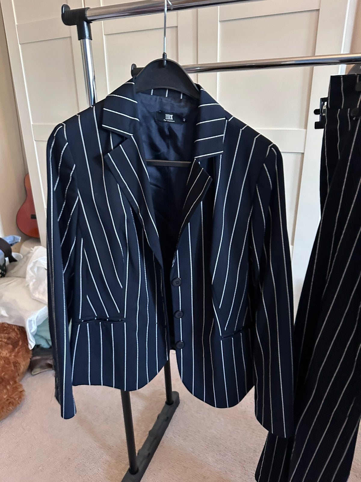 Blauw damespak met streep , maat 46, Ophalen of Verzenden, Zo goed als nieuw, Maat 46/48 (XL) of groter, Blauw