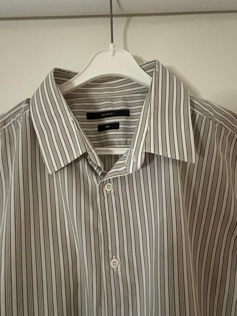 Gucci beige wit gestreept overhemd maat 43, Kleding | Heren, Overhemden, Ophalen of Verzenden, Zo goed als nieuw, Beige, Halswijdte 43/44 (XL)