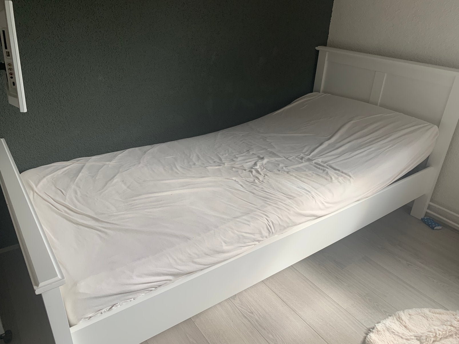1 persoonsbed inclusief lattenbodem en matras, Ophalen, Gebruikt, 90 cm, Eenpersoons