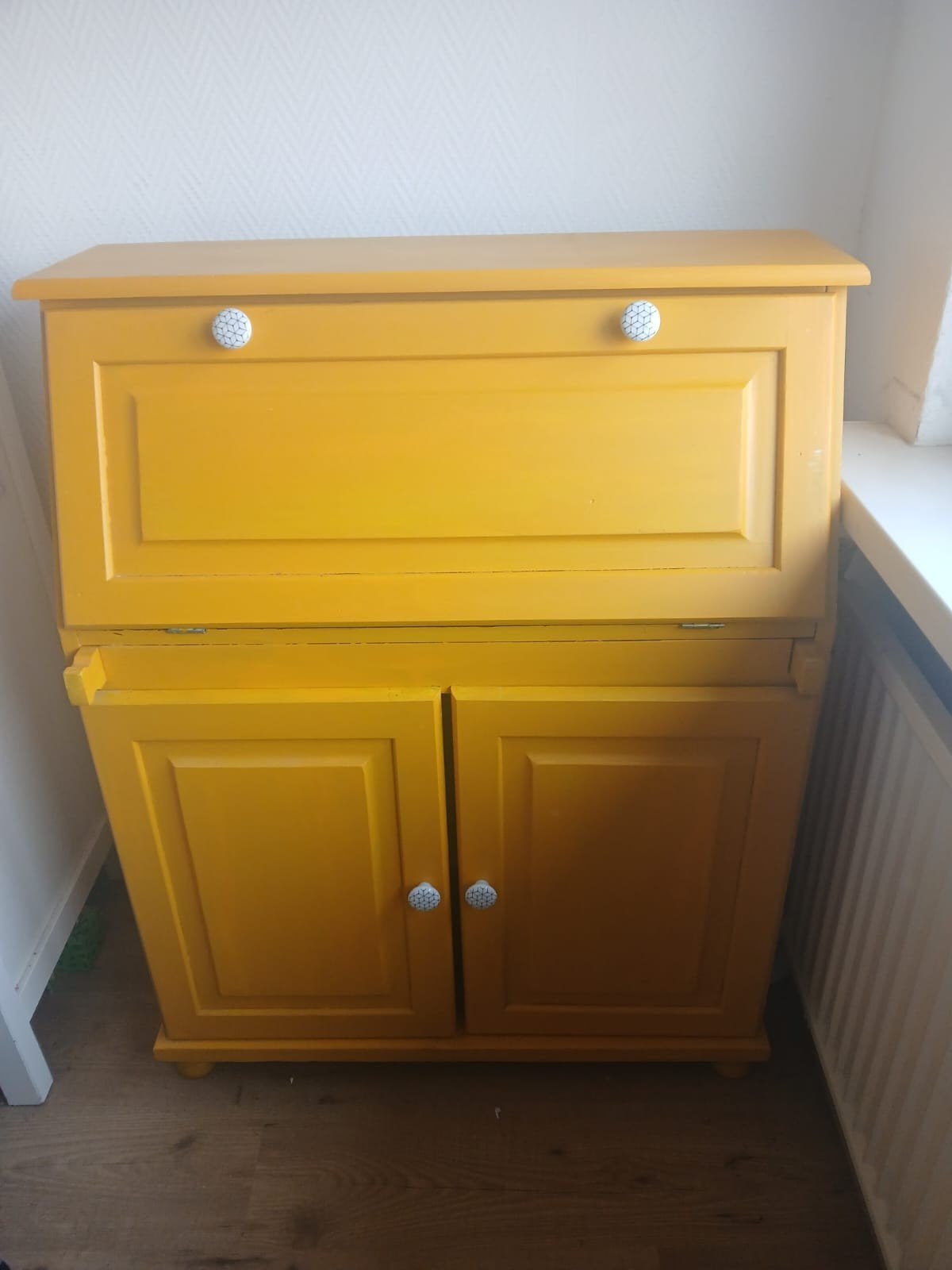 Vintage geel secretaire bureau met opbergruimte, Ophalen, Gebruikt, Vintage