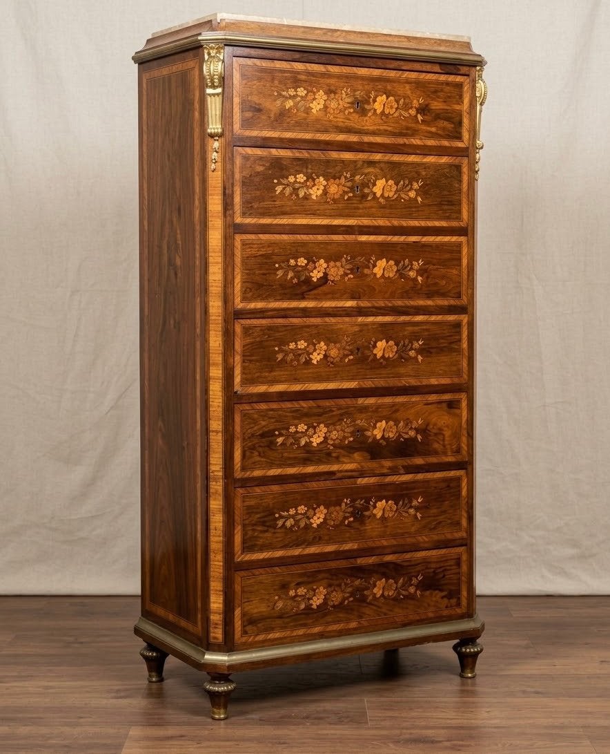Antieke Franse Secretaire / Semainier met Marmeren Blad, Ophalen, Gebruikt, 5 laden of meer, 100 tot 150 cm