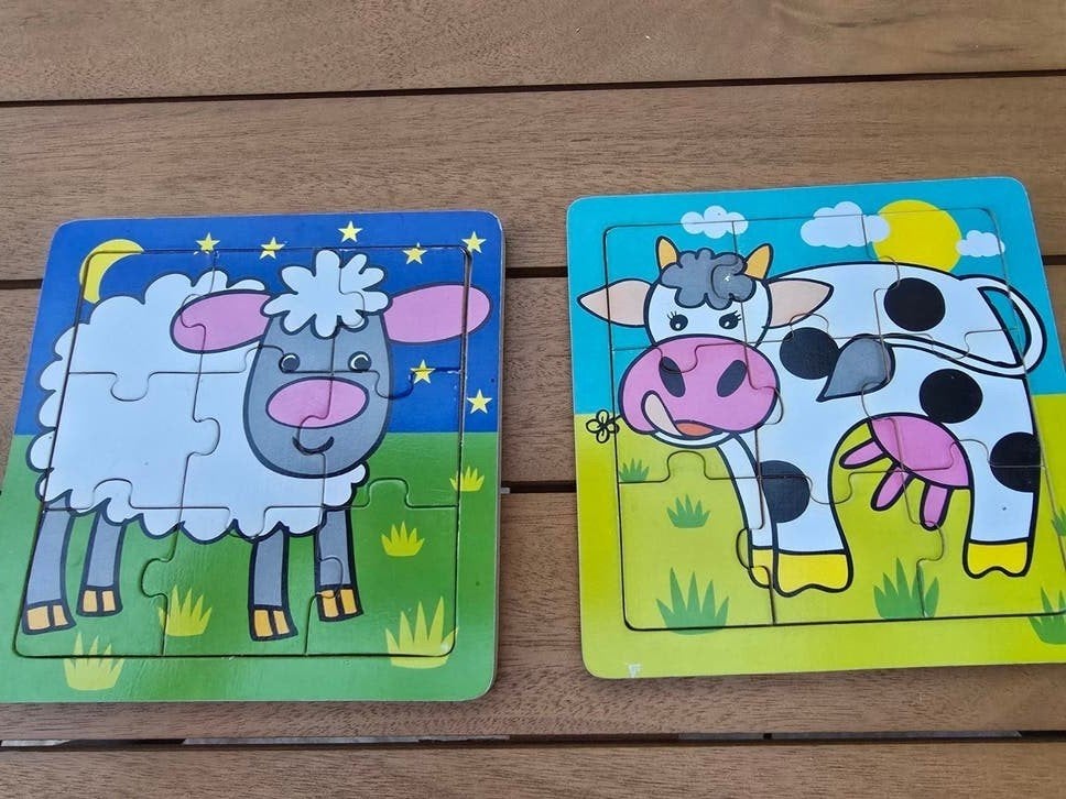 Set van 2 HEMA houten inlegpuzzels – Boerderij, Koe & Schaap, Ophalen of Verzenden, 10 tot 50 stukjes, Zo goed als nieuw