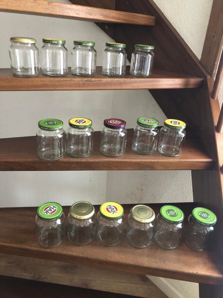 Glazen potjes met deksel (diverse maten), Gebruikt, Schaal, Rond, Ophalen of Verzenden