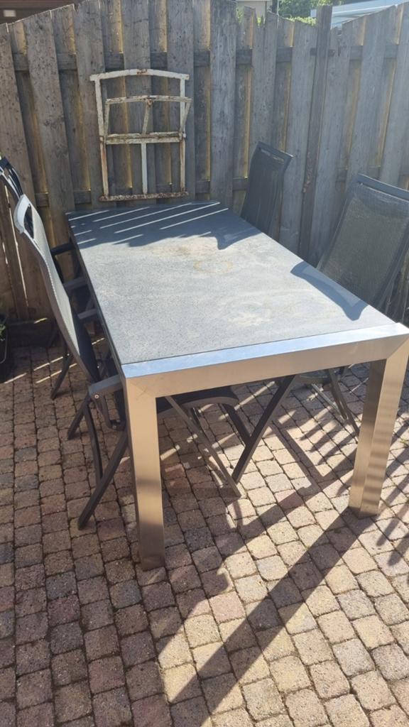 Tuinset rvs onderstel hardstenen blad, Ophalen, Gebruikt, Rechthoekig, Overige materialen