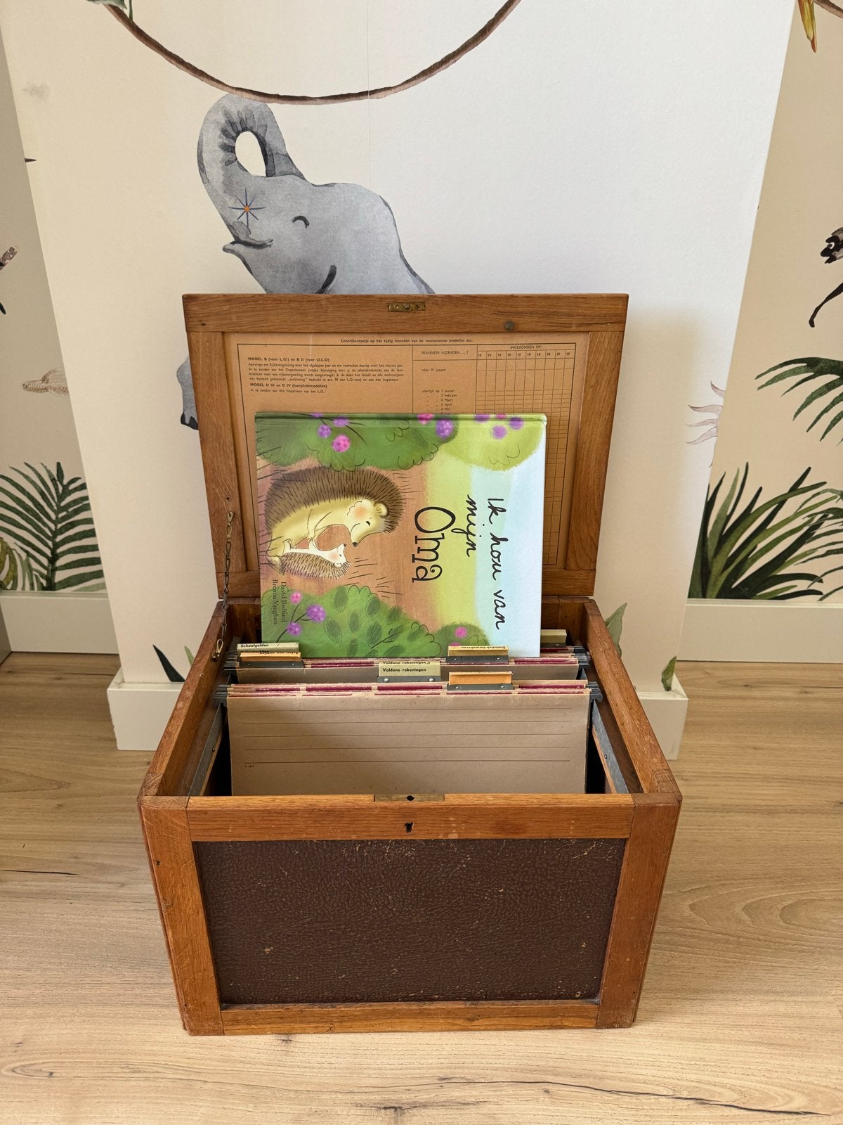 Vintage houten administratiedoos met lederen bekleding, Antiek en Kunst, Ophalen