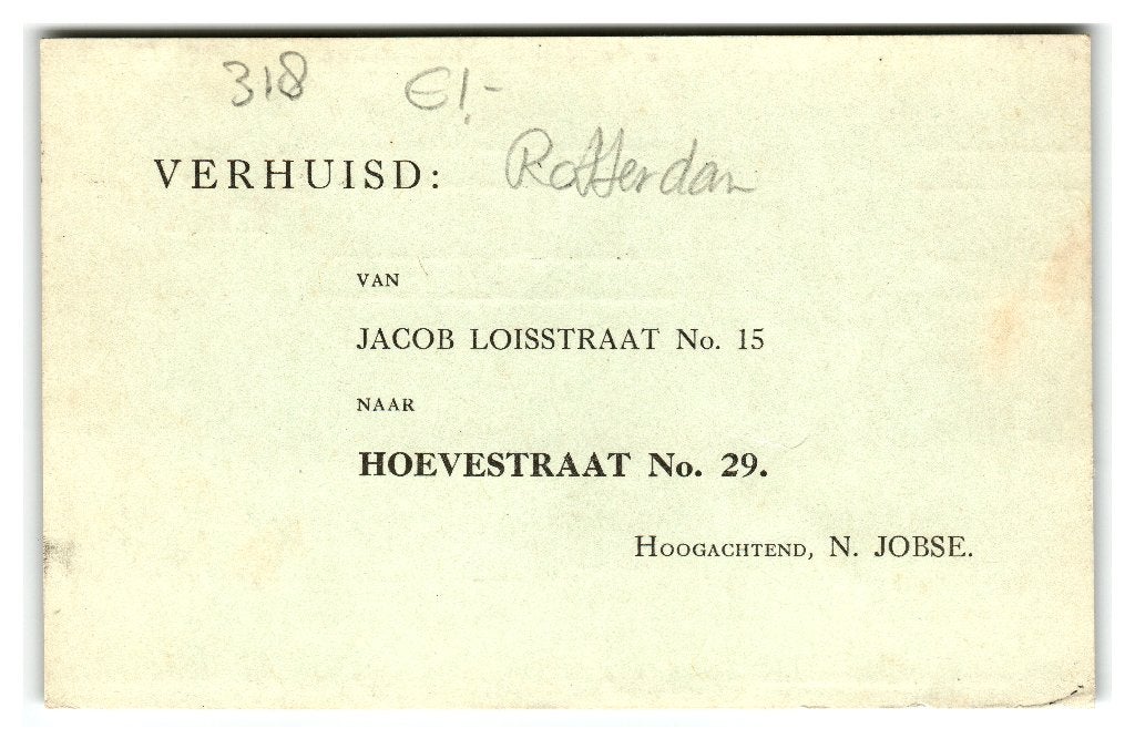Rotterdam, Verhuisbericht N. Jobse - Opruimingskaart, Ophalen of Verzenden, Voor 1920, Gelopen, Zuid-Holland