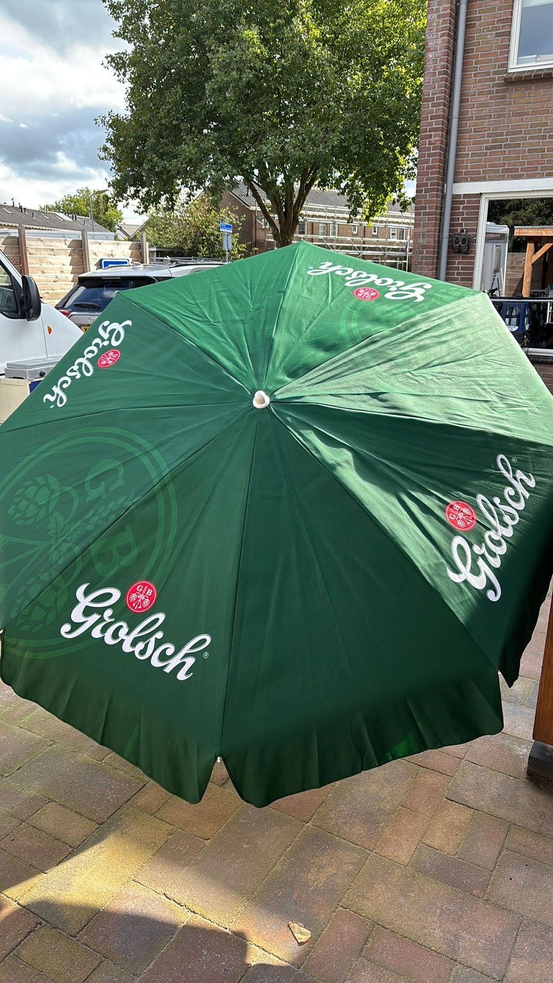 Parasol Grolsch, Tuin en Terras, Ophalen of Verzenden, Zo goed als nieuw, Minder dan 1 meter, Parasolvoet