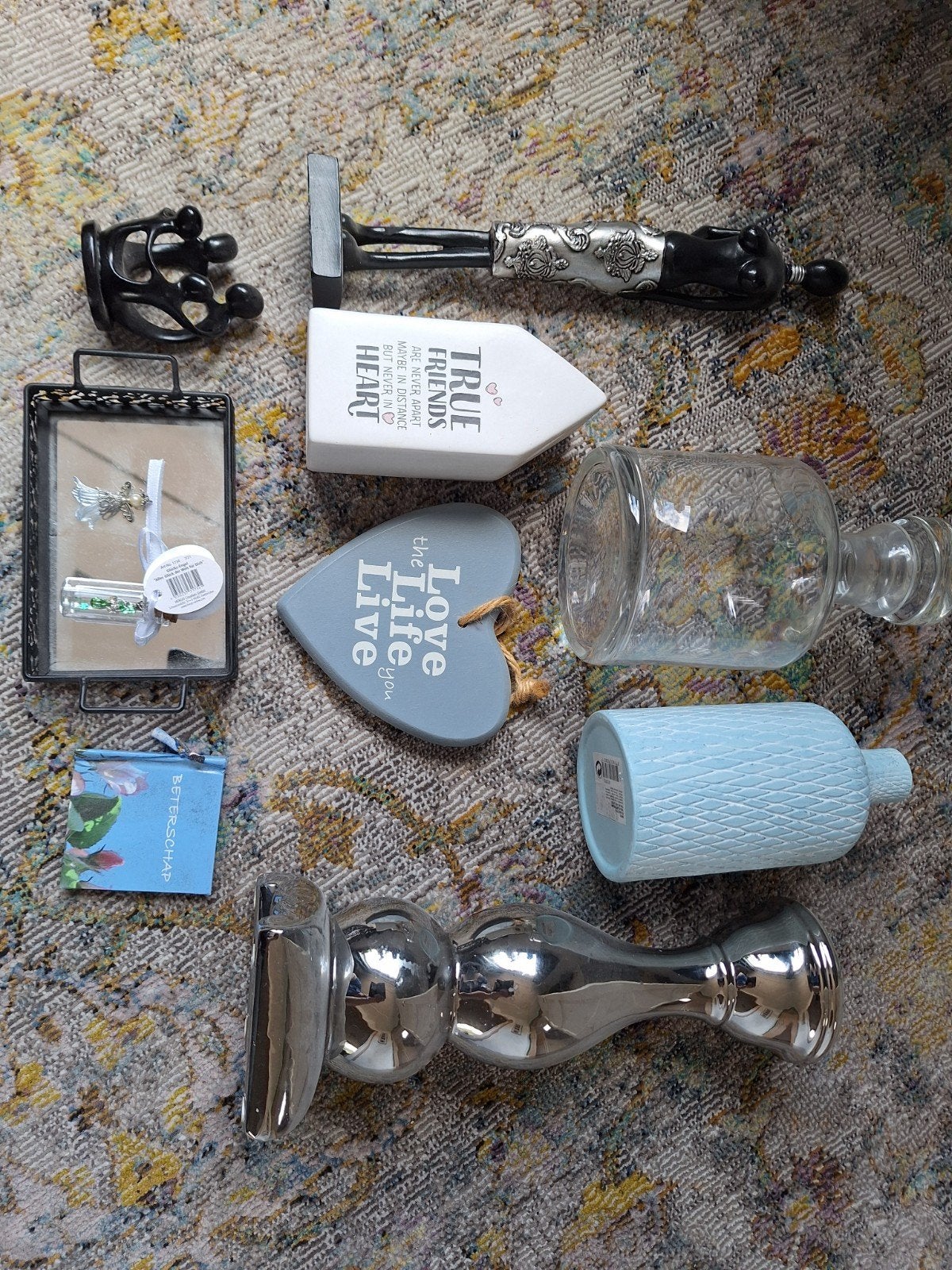 Diverse decoratie: beeldje, kandelaar, fles, hartje, huisje, Ophalen, Modern, Glas, Gebruikt