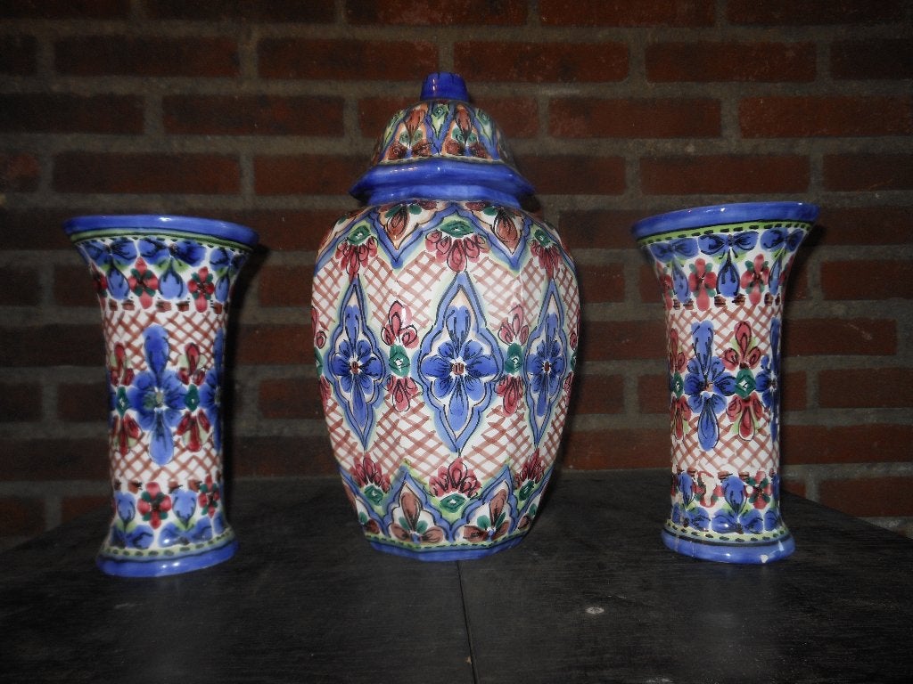 3-delig kaststel + 1 vaas gratis - Handbeschilderd De Pul, Antiek en Kunst, Ophalen