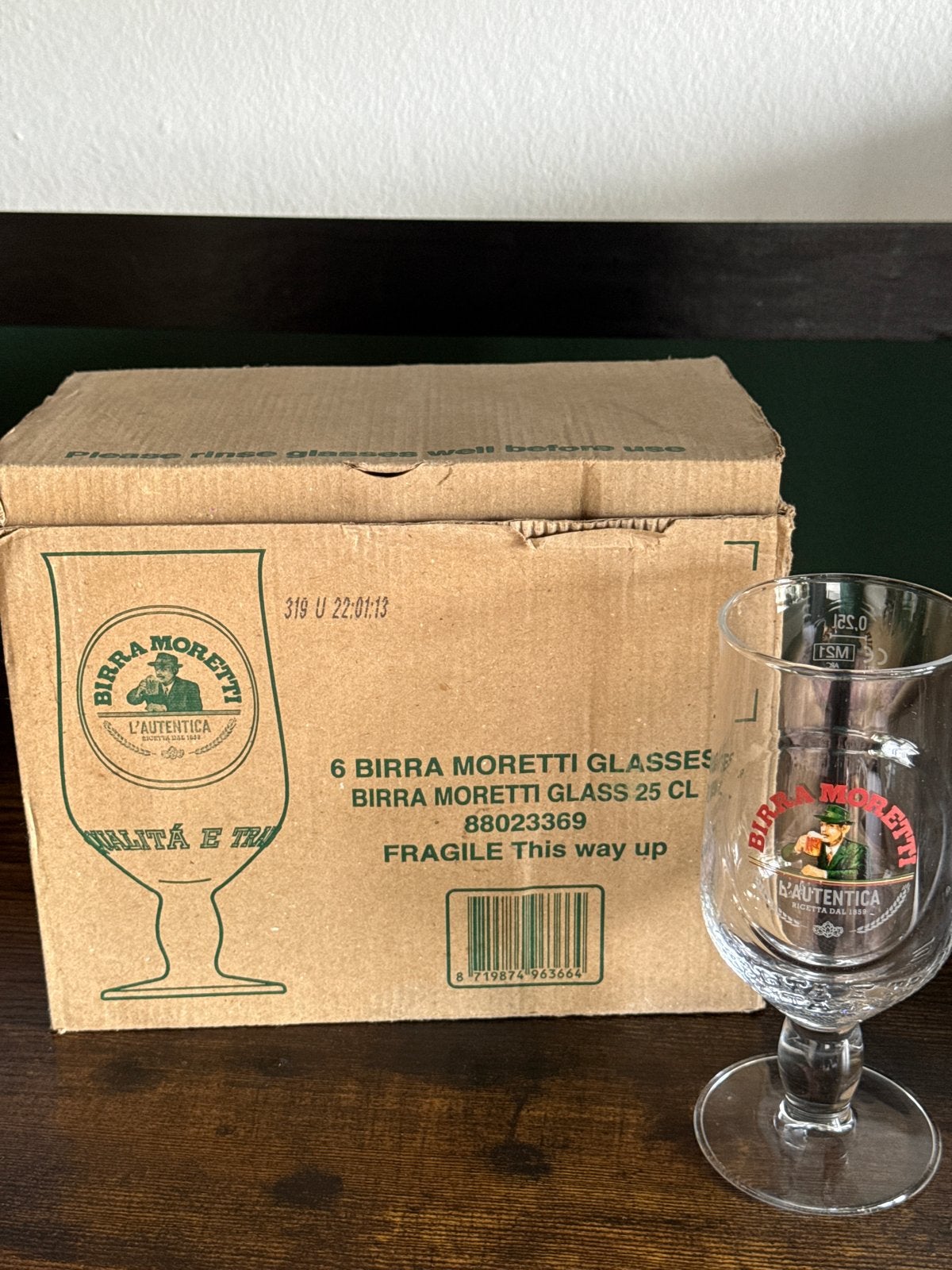 6 Birra Moretti Glazen 25cl - Nieuw in Doos, Ophalen of Verzenden, Nieuw, Glas