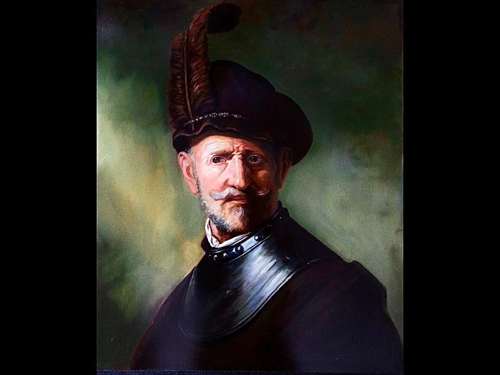 Olieverfschilderij: Portret van een man met gevederde hoed, Antiek en Kunst, Kunst | Schilderijen | Klassiek, Ophalen of Verzenden
