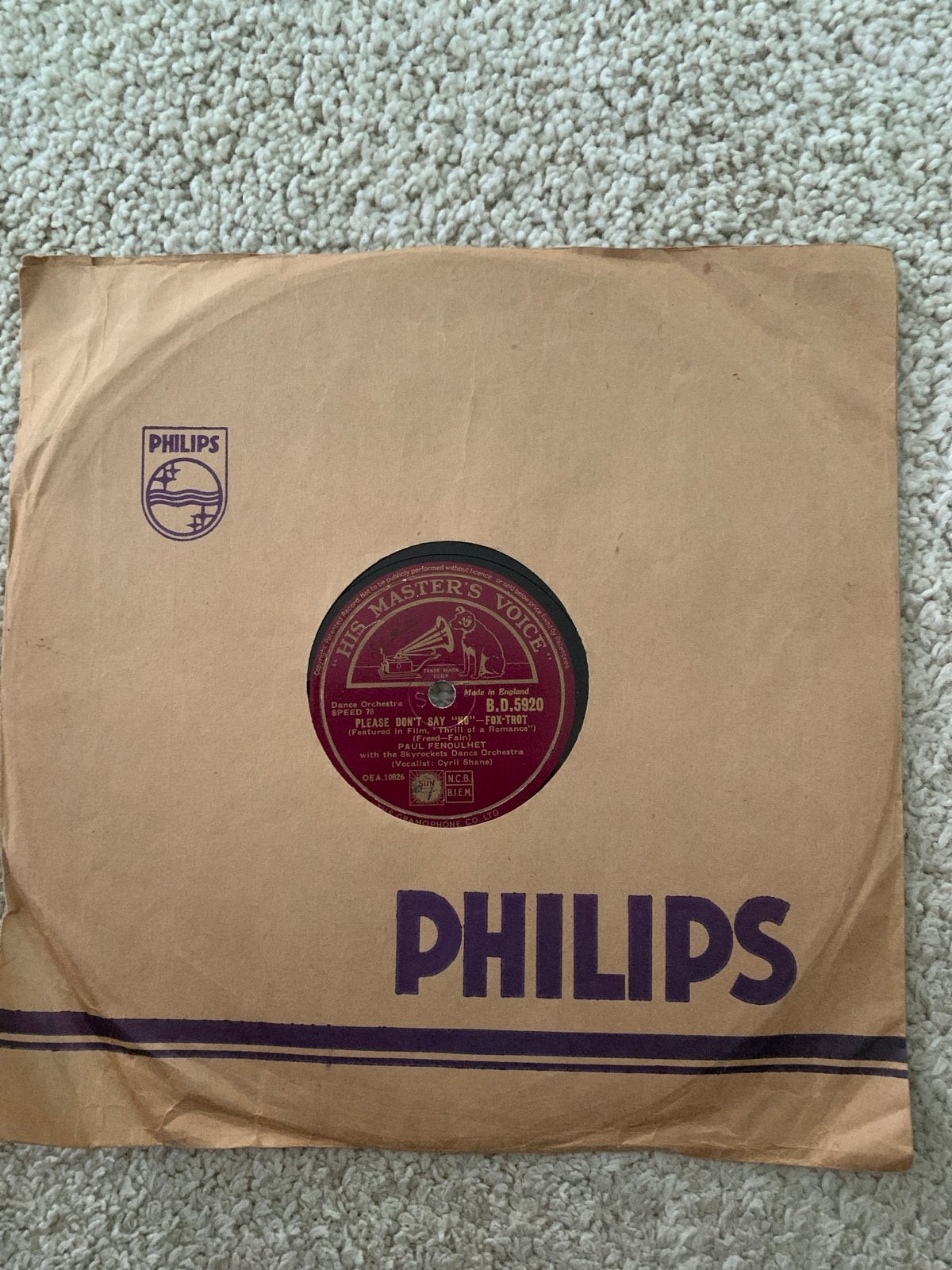 Vintage 78 toeren plaat: Paul Fenoulhet - Please Don't Say ', Gebruikt, 10 inch, Overige genres, Ophalen of Verzenden