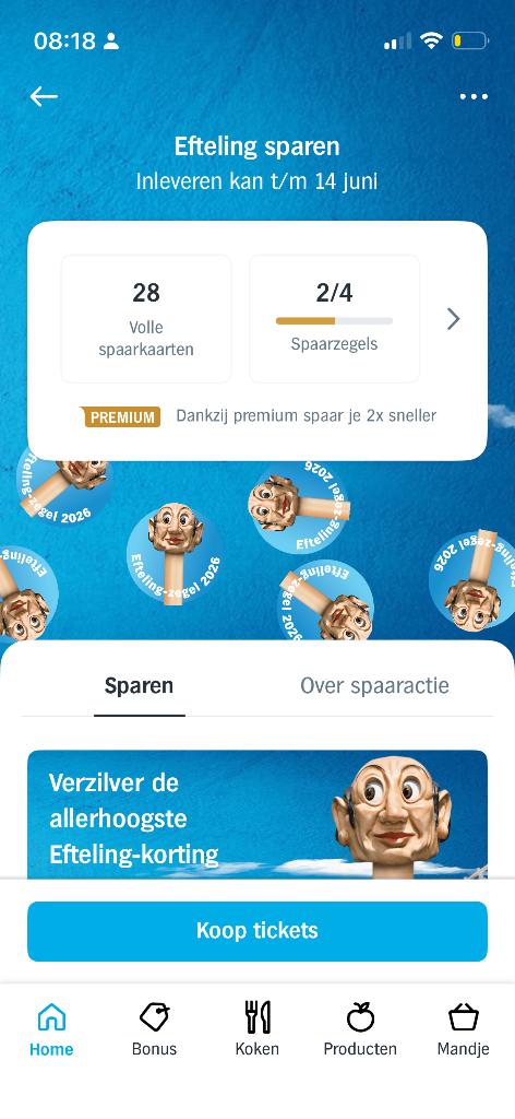 Efteling spaarkaart 28stuks, Drie personen of meer, Kortingsbon, Pretpark