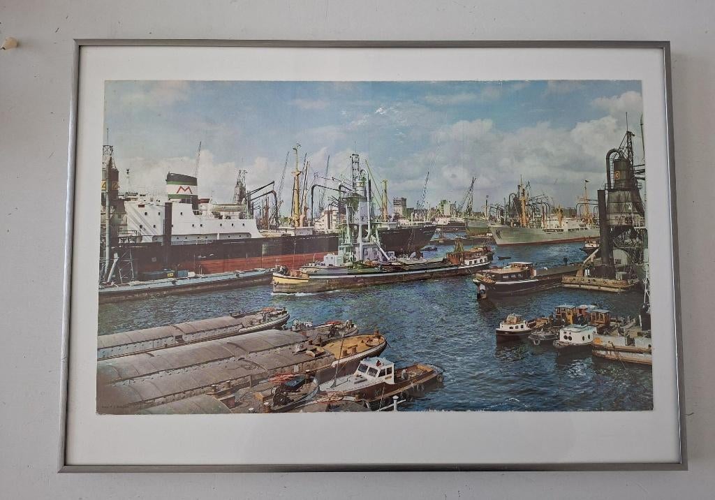 vintage ingelijste foto poster schepen Rotterdamse haven, Verzamelen, Ophalen of Verzenden, Gebruikt, Motorboot, Kaart, Foto of Prent