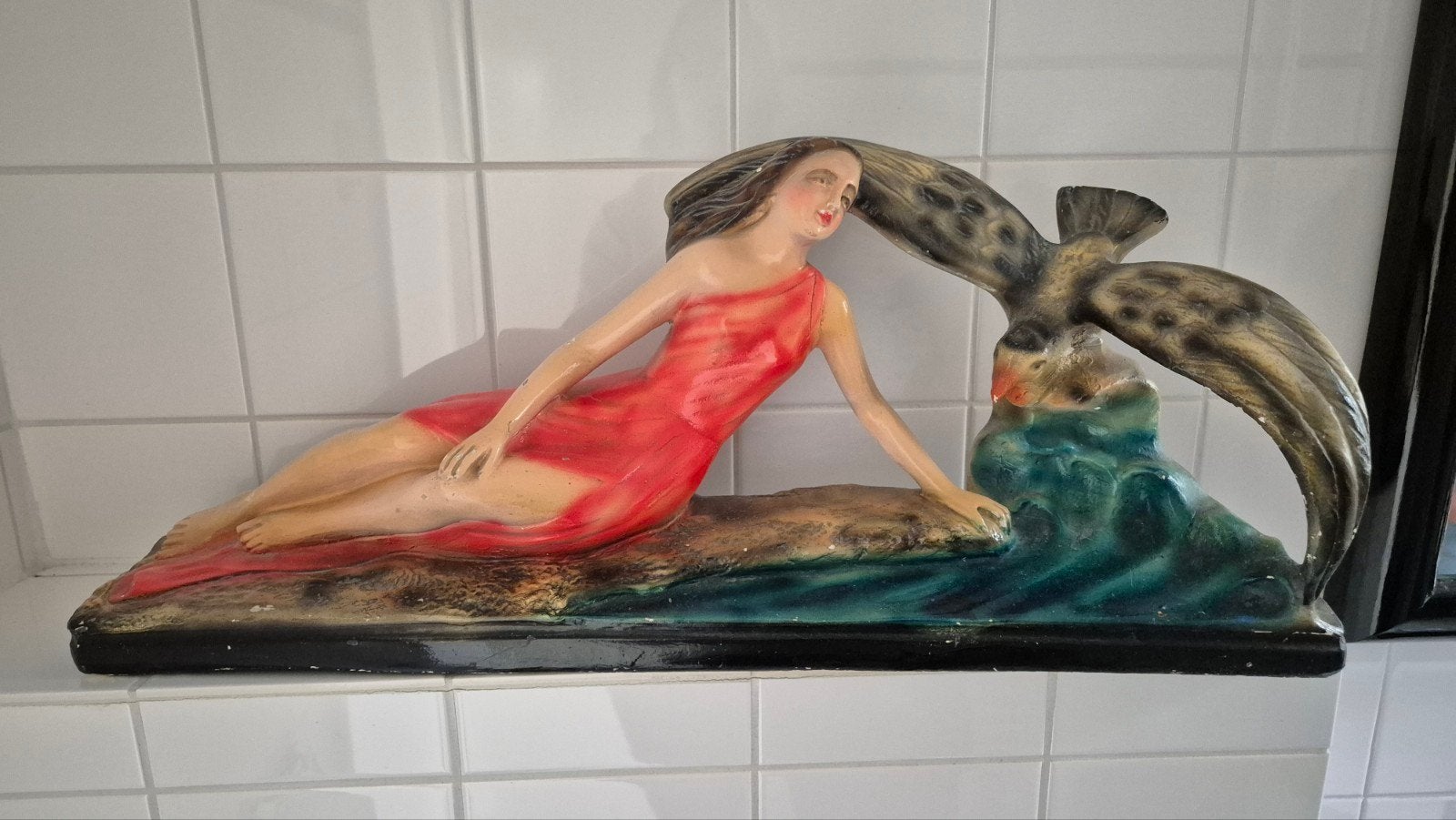 Art Deco Beeld Gips - Vrouw met Vogel, Ophalen, Art deco, Gips, Beeld