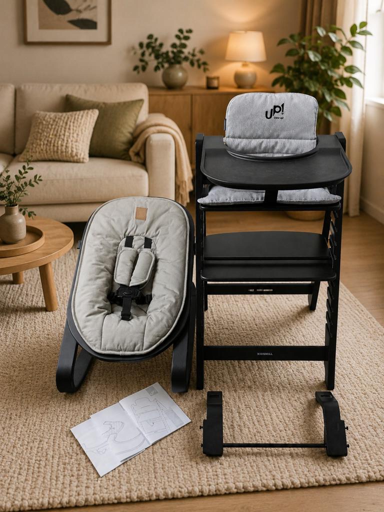 Kidsmill up! Kinderstoel Zwart Grijs COMPLETE SET, Ophalen, Zo goed als nieuw, Meegroeistoel, Gordel(s)