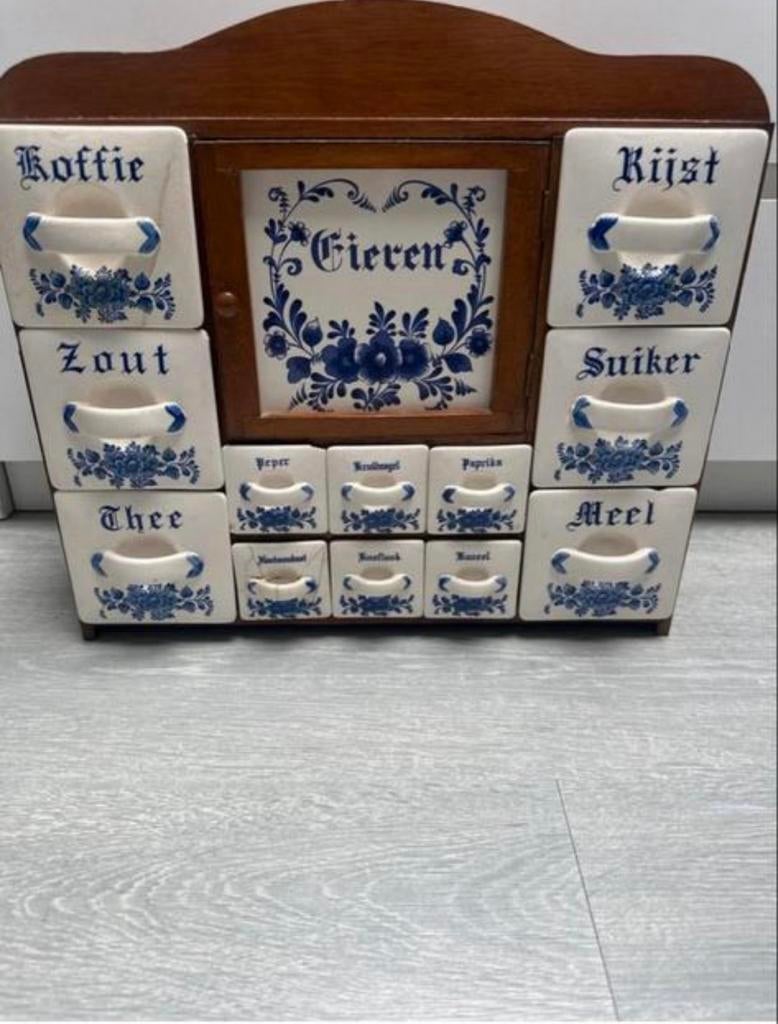 Vintage Kruidenkastje met Delfts Blauw Keramiek Lades, Huis en Inrichting, Ophalen of Verzenden, Gebruikt